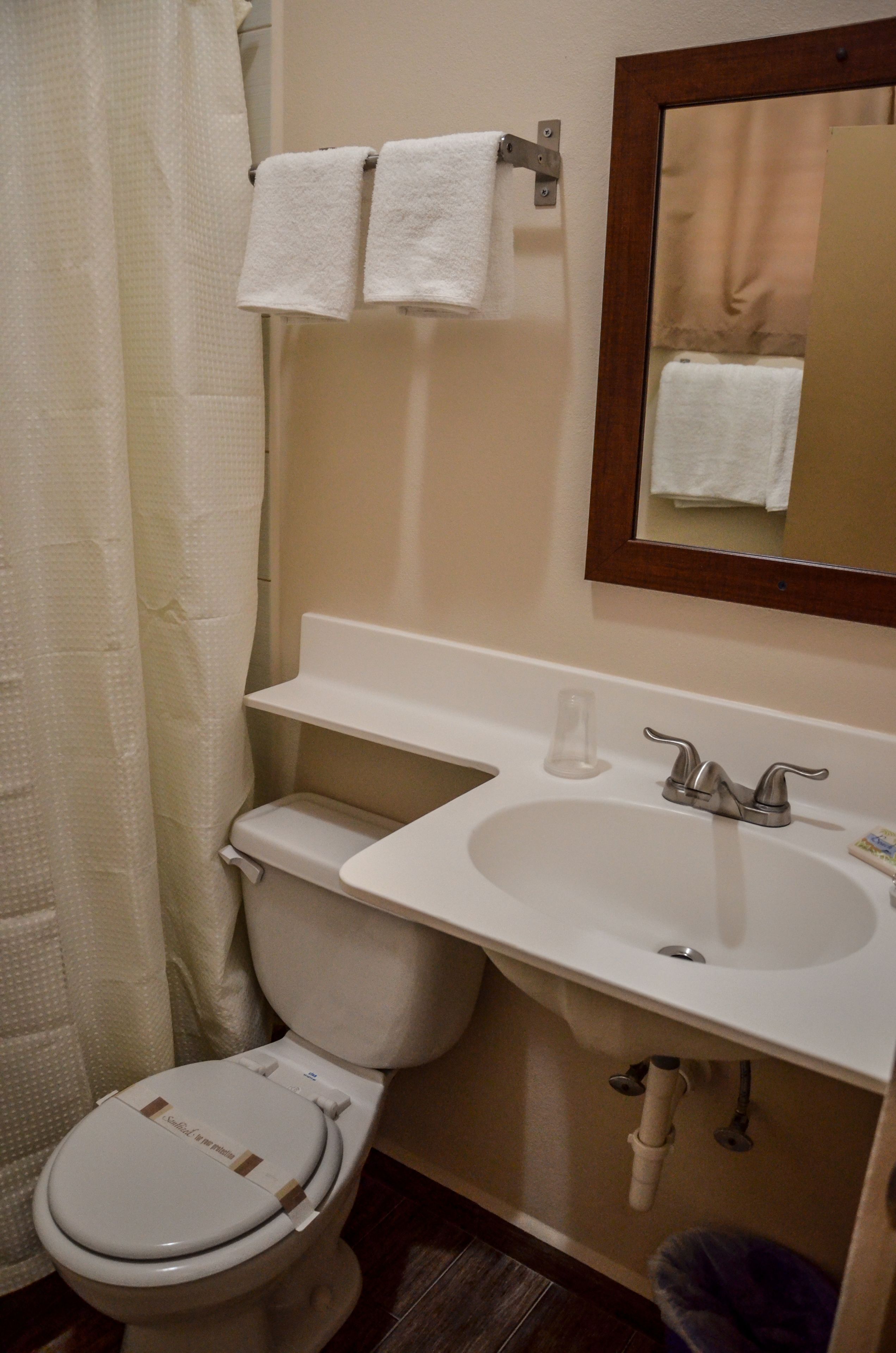 Un baño con inodoro, lavamanos y cortina de ducha.