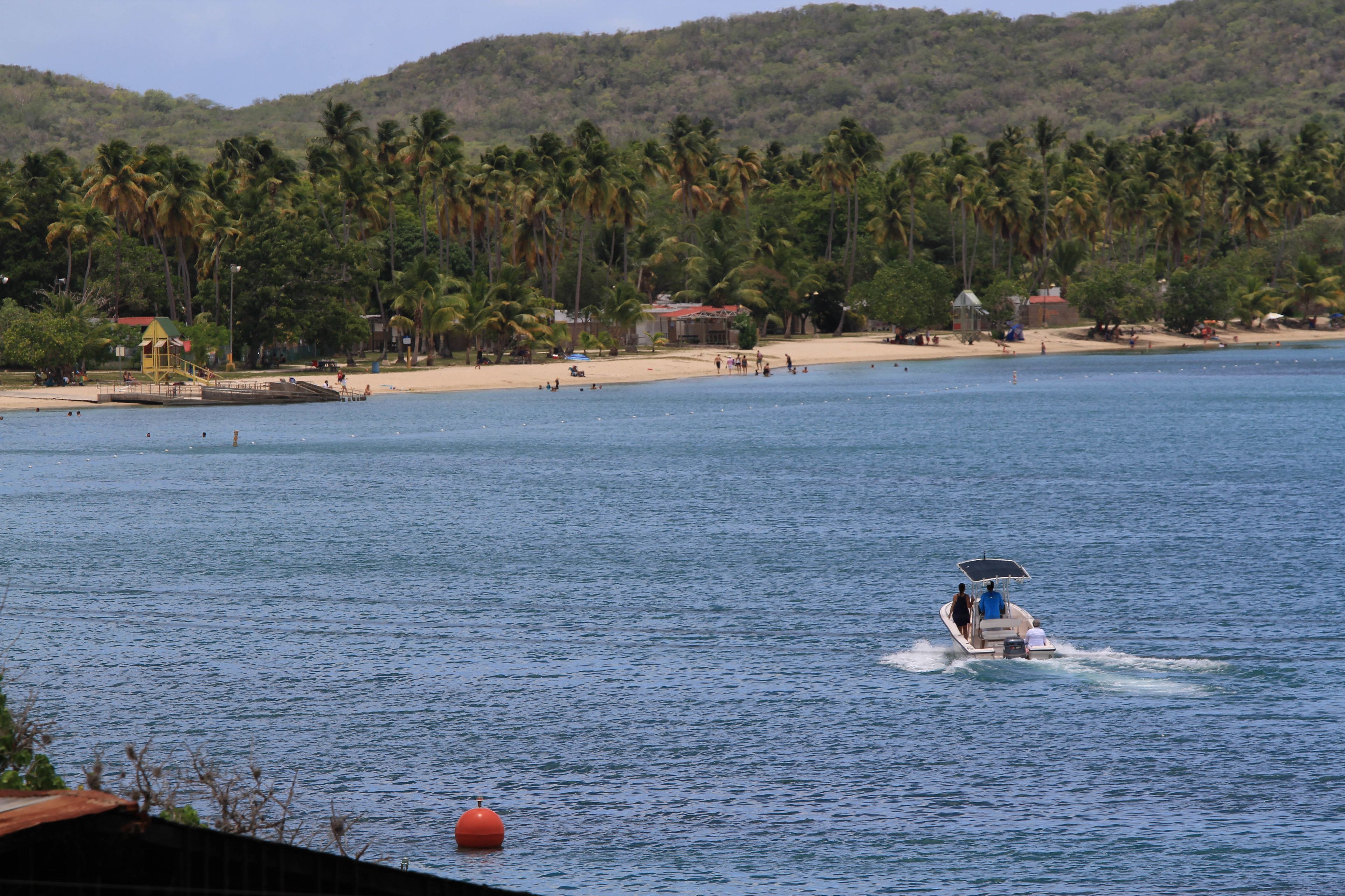 Un barco en un mar tranquilo con una playa y palmeras al fondo.