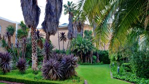 A well-maintained garden with various tropical plants and palm trees, a neatly trimmed lawn, and a brick building in the background.