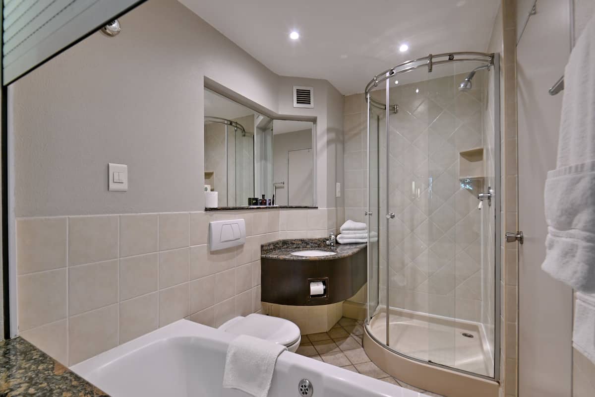 Separate bathtub and shower, free toiletries, hair dryer, towels