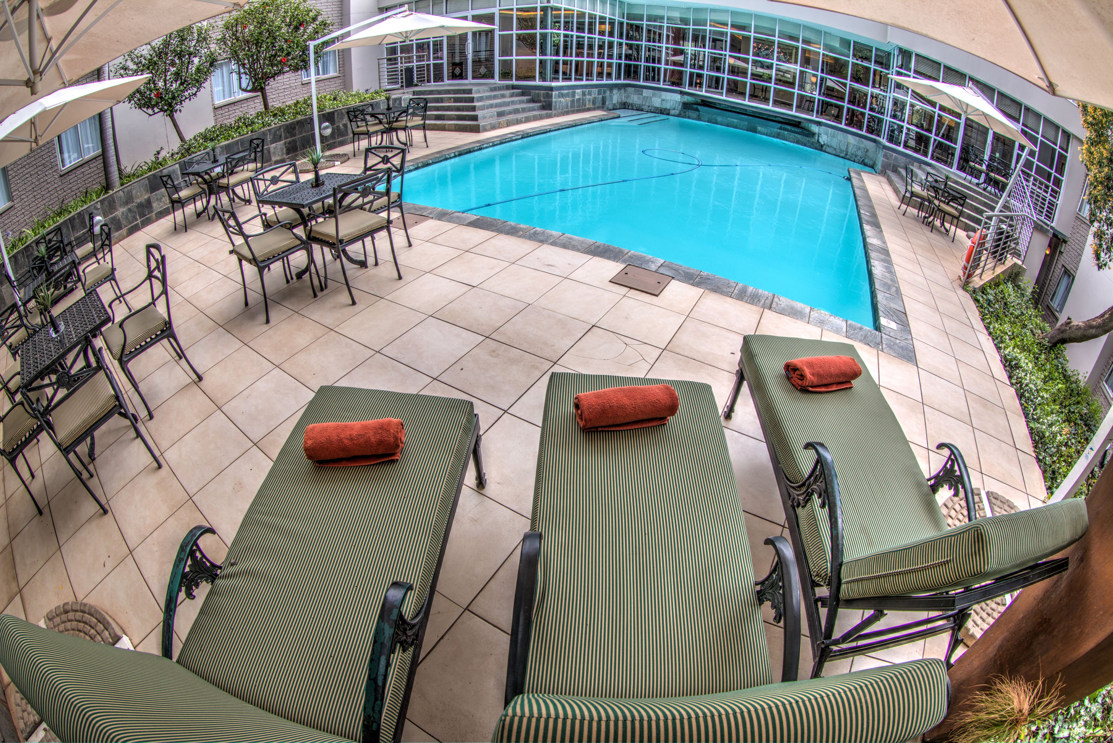 outdoor pool, pool loungers