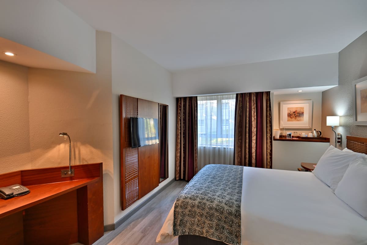 Una habitación de hotel con cama, escritorio y televisor.