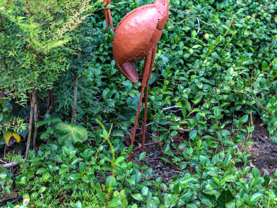 Un jardín con una gran escultura roja de un pájaro.