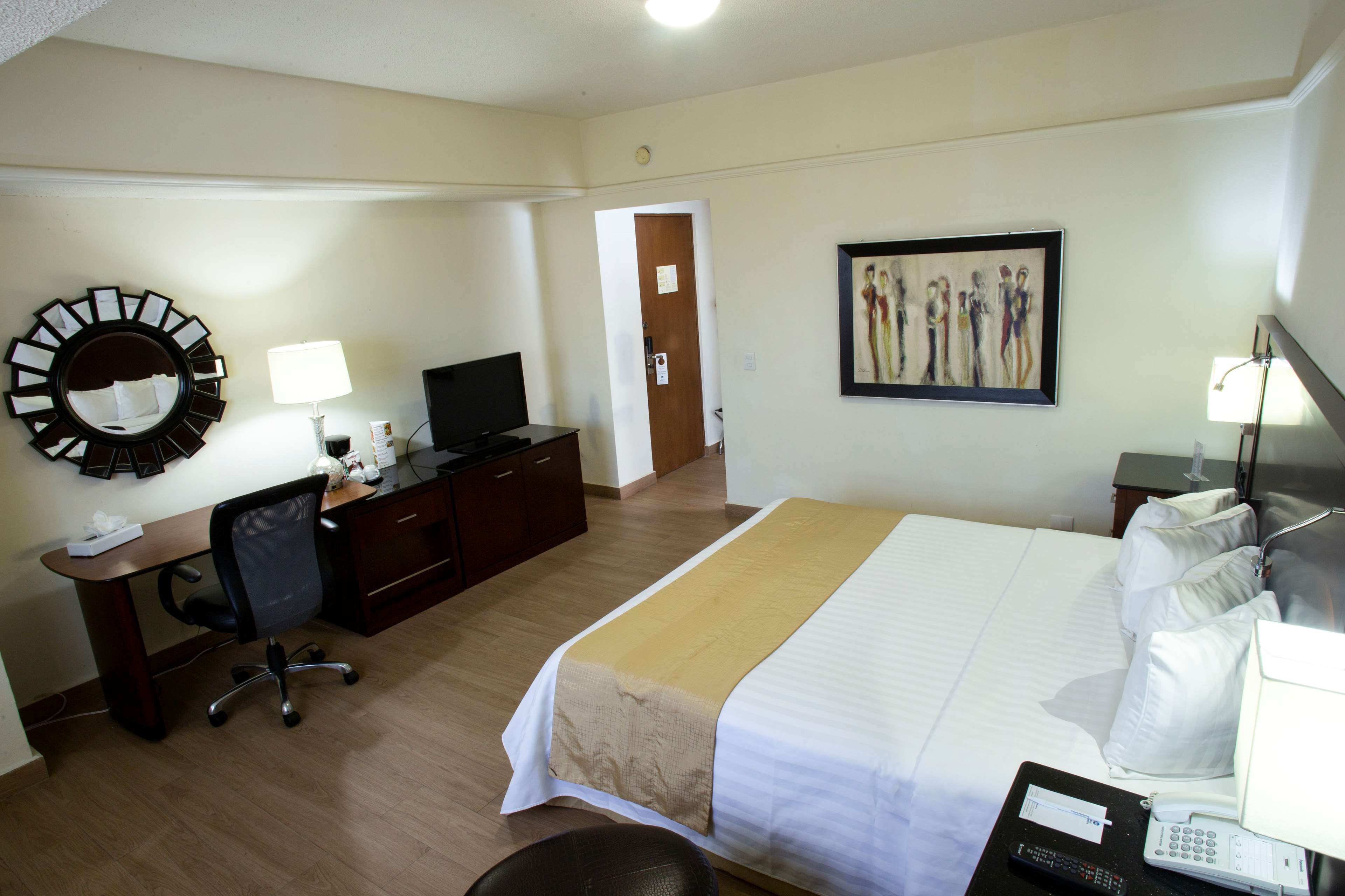 Habitación de hotel con cama, escritorio, silla, televisor, un cuadro en la pared y una puerta.
