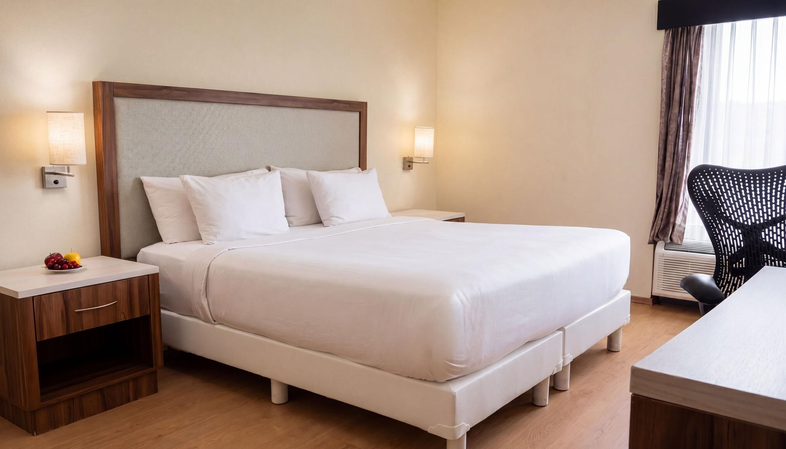 Ein Hotelzimmer mit einem großen Bett, Nachttischen, einem Schreibtisch und einem Sessel.