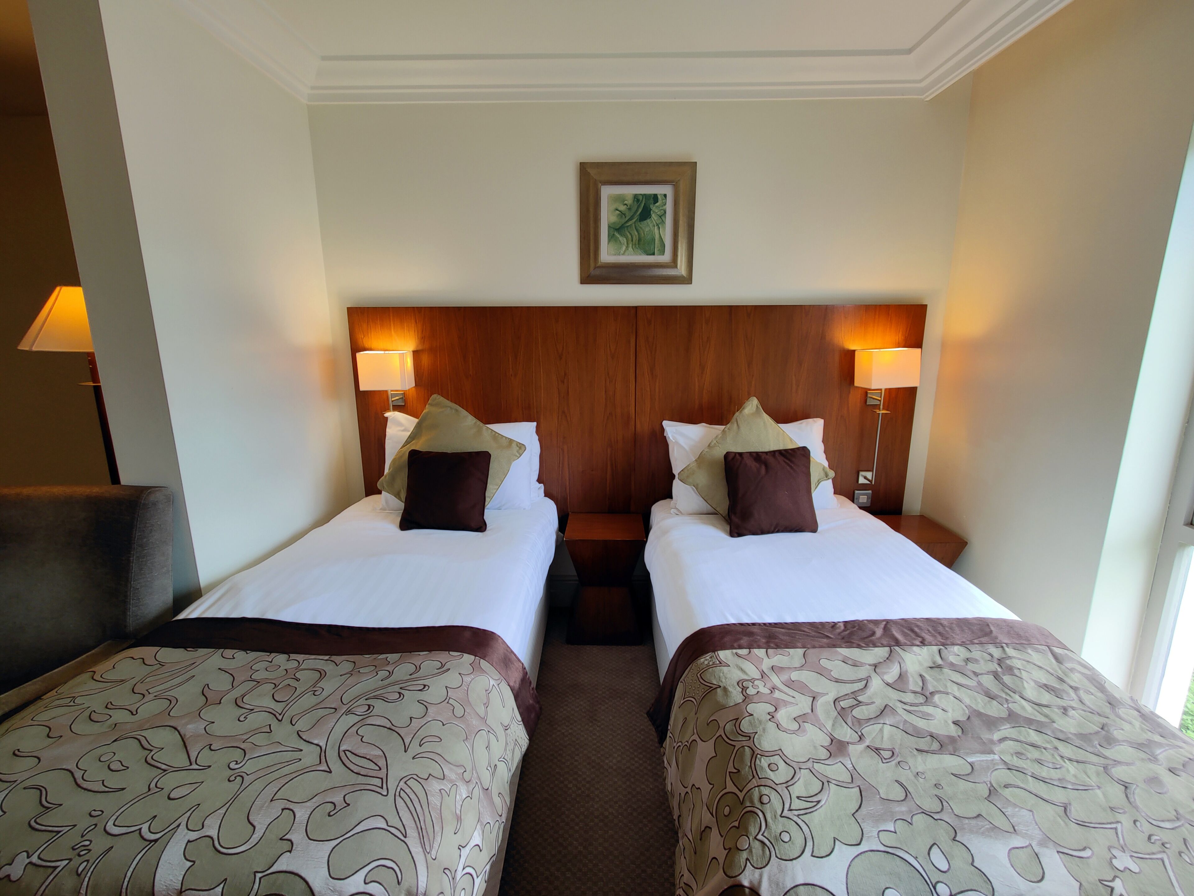 Ett hotellrum med två sängar, var och en med ett träfärgat sänggavel, vita sängkläder och dekorativa kuddar. Det finns två sänglampor och en inramad tavla på väggen ovanför sängarna.