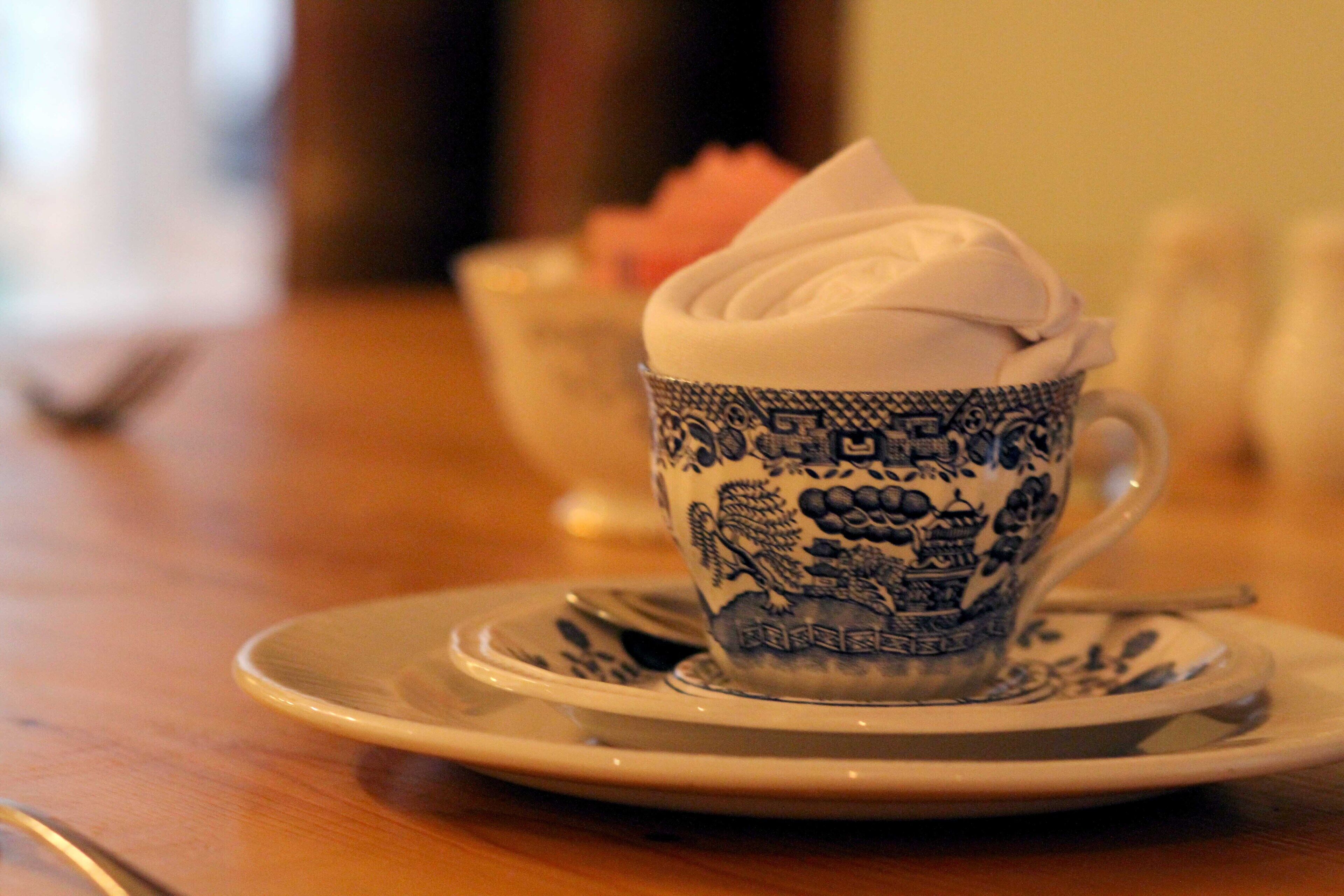 A cup of whipped cream on a saucer with a blue pattern.