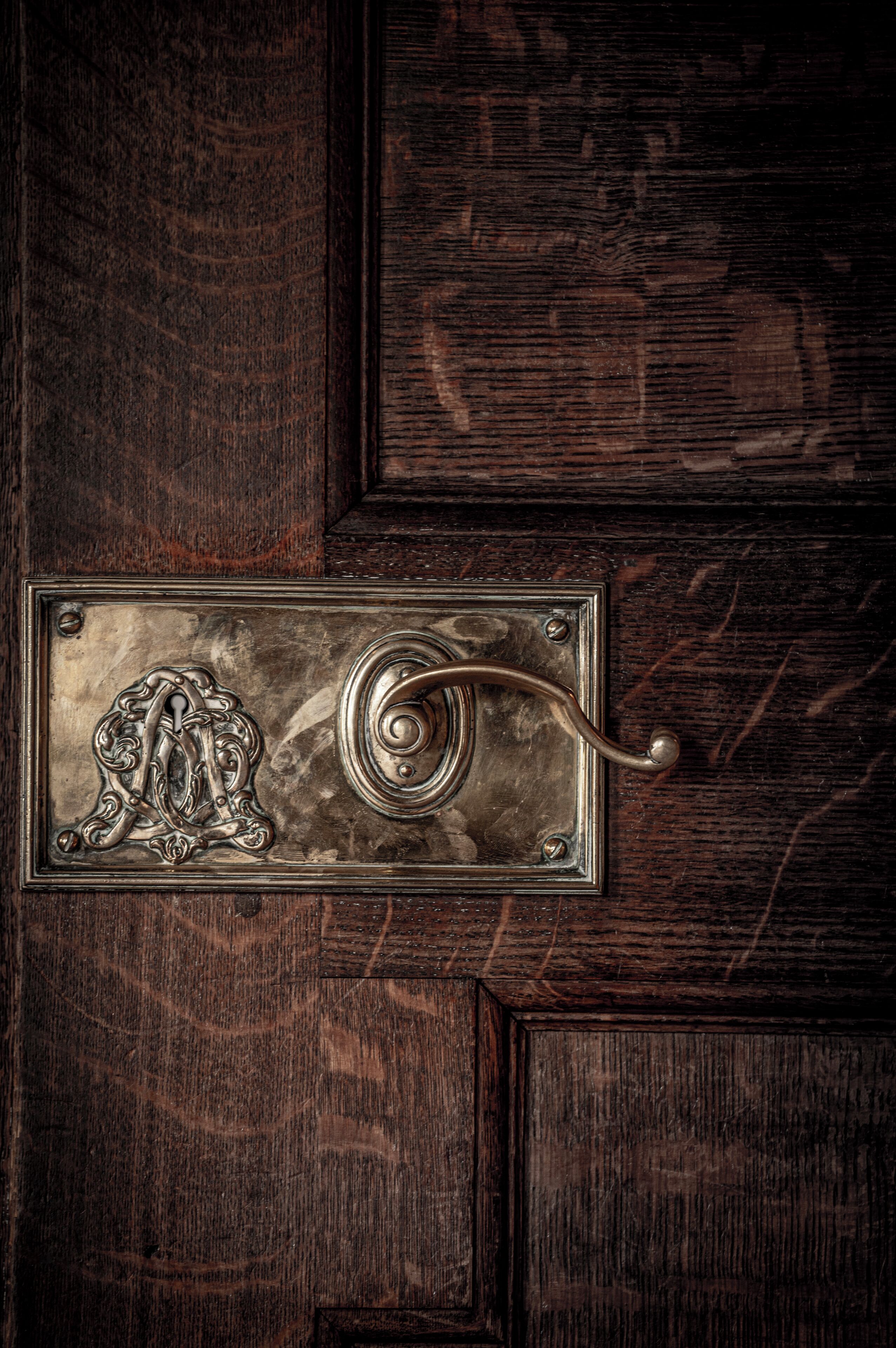A door with a metal handle and a decorative plate.