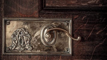 A door with a metal handle and a decorative plate.