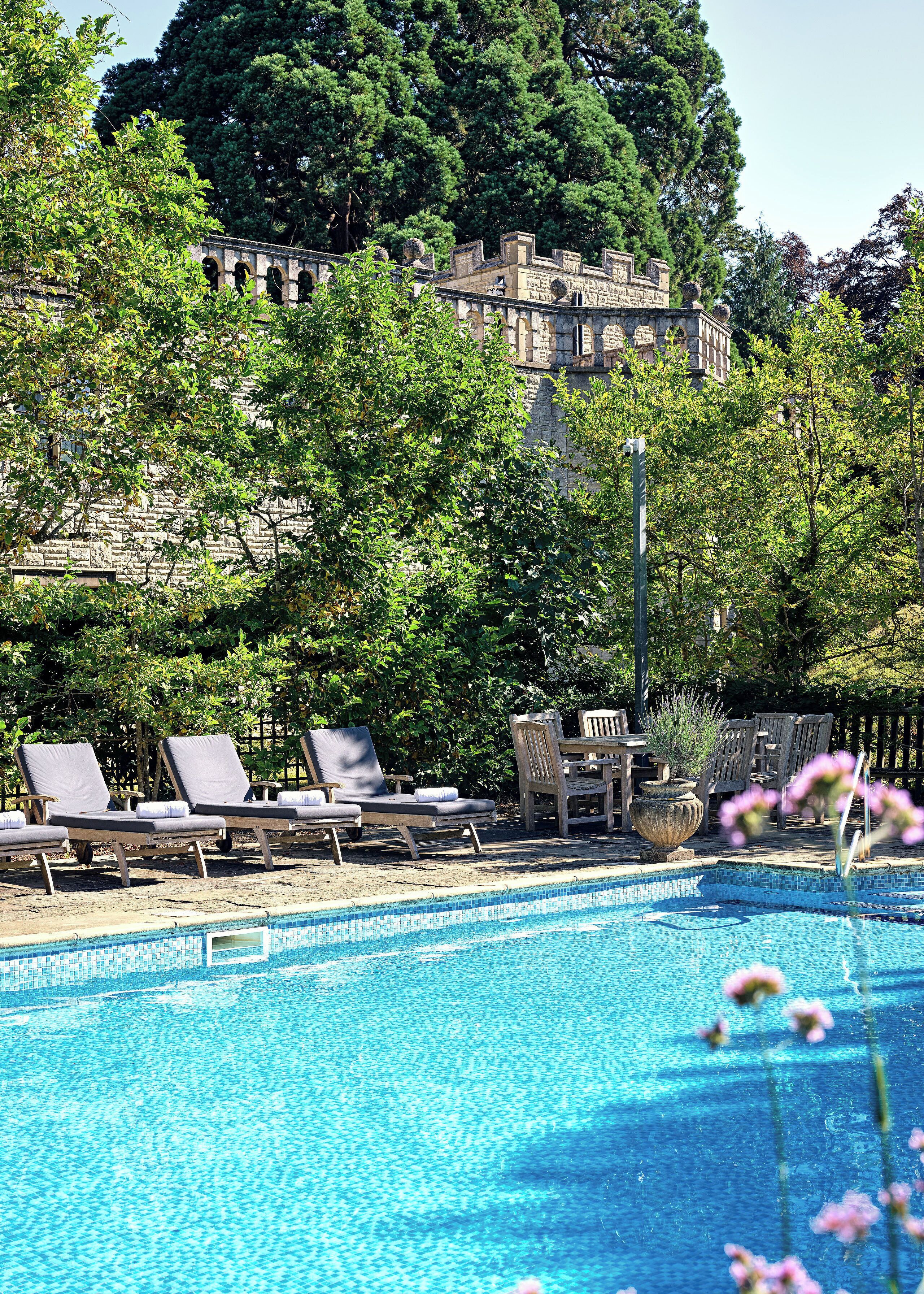 Seasonal outdoor pool, pool umbrellas, pool loungers