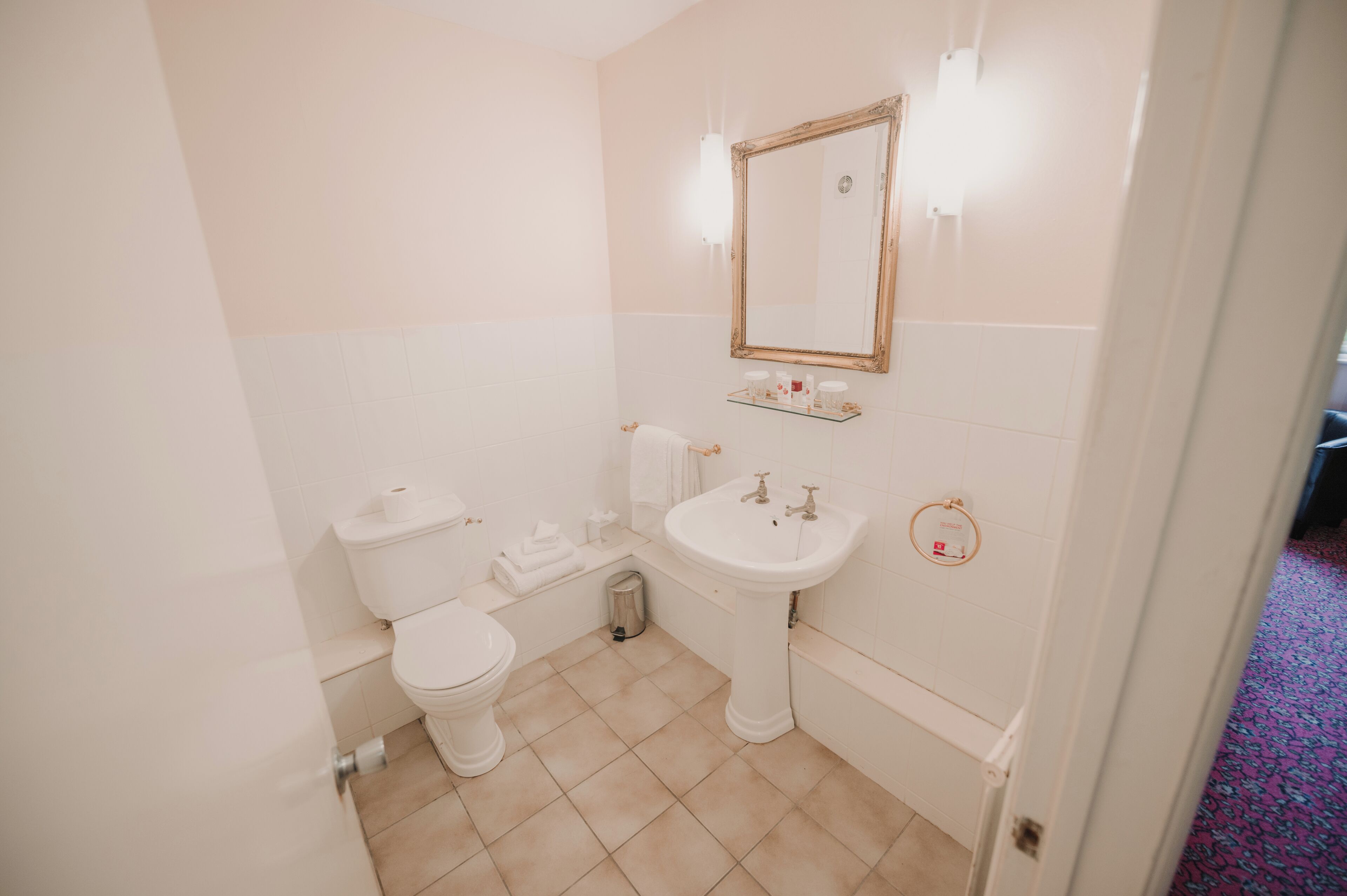 Een kleine, schone badkamer met toilet, wastafel en spiegel.