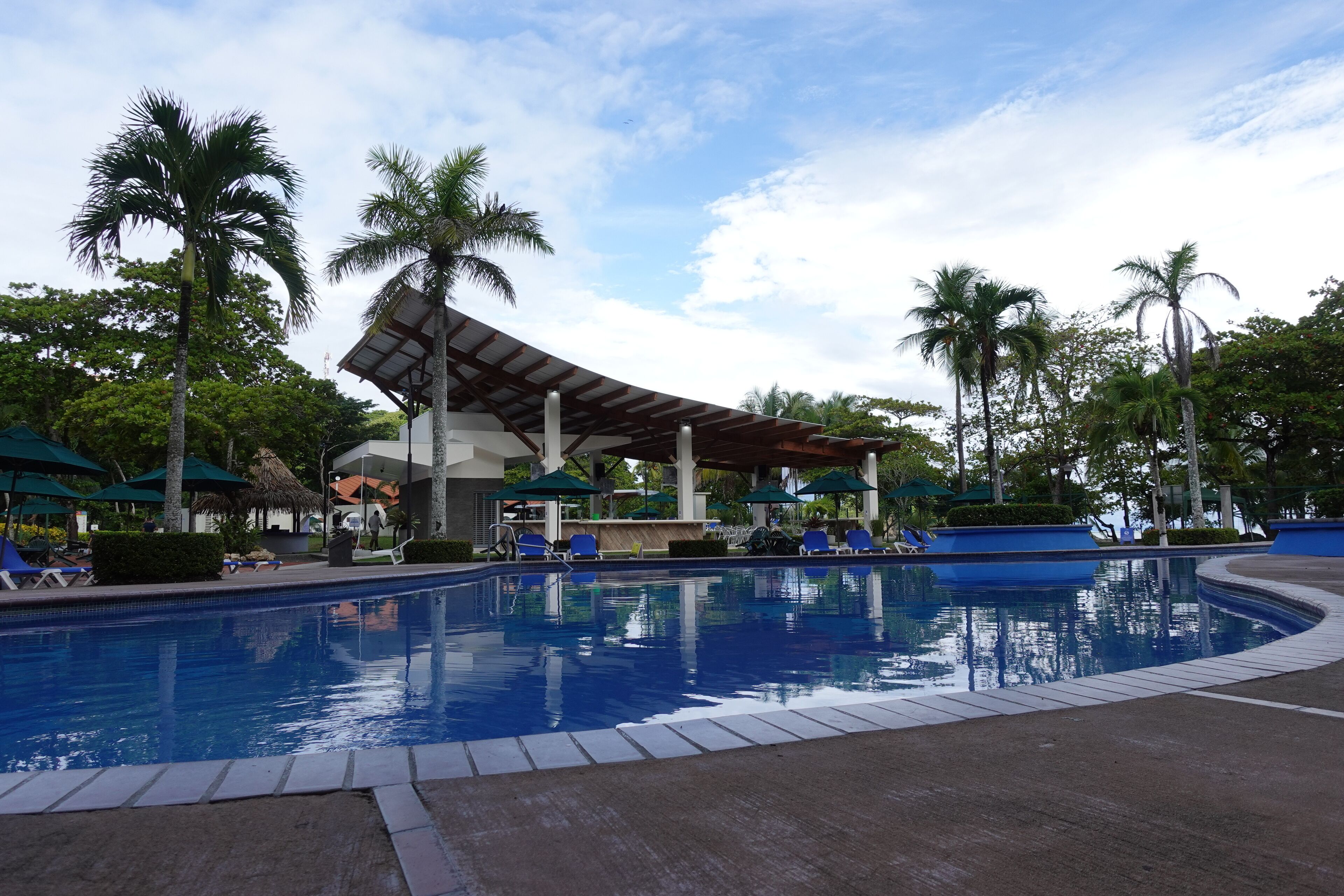 A swimming pool with lounge chairs and umbrellas, surrounded by palm trees and a covered pavilion.