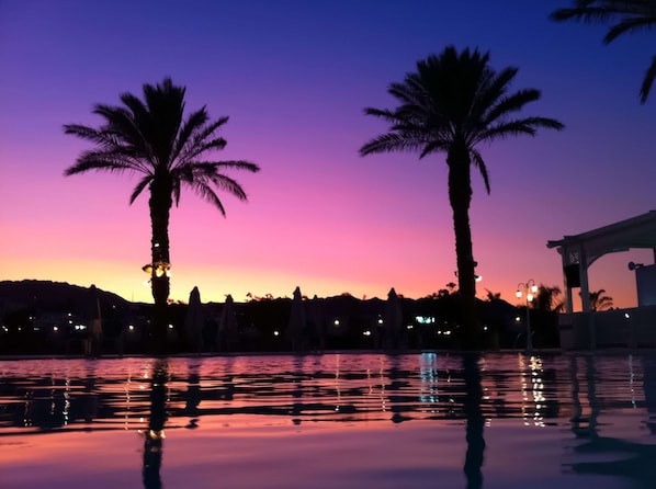 Outdoor pool, pool umbrellas, pool loungers