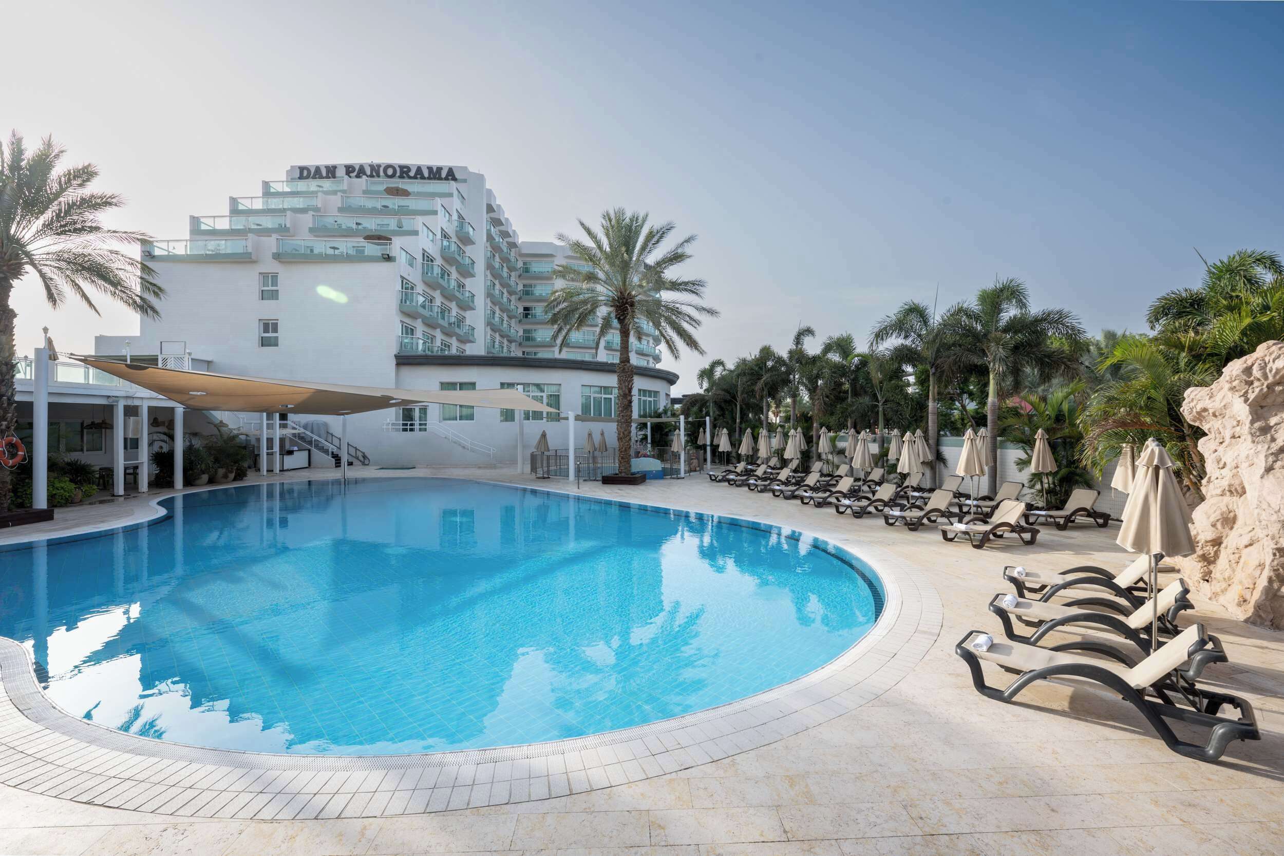 Una piscina con sillas de descanso y sombrillas, rodeada de palmeras y un hotel llamado "Dan Panorama".