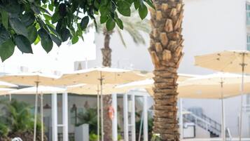 Outdoor pool, pool umbrellas, pool loungers