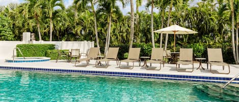 Outdoor pool, pool umbrellas, pool loungers