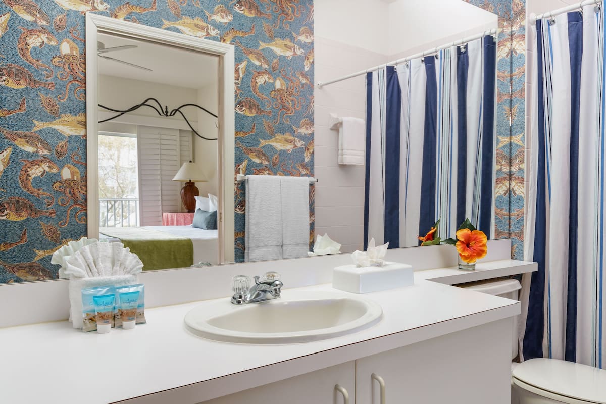 combined shower/bathtub, free toiletries, hair dryer, towels