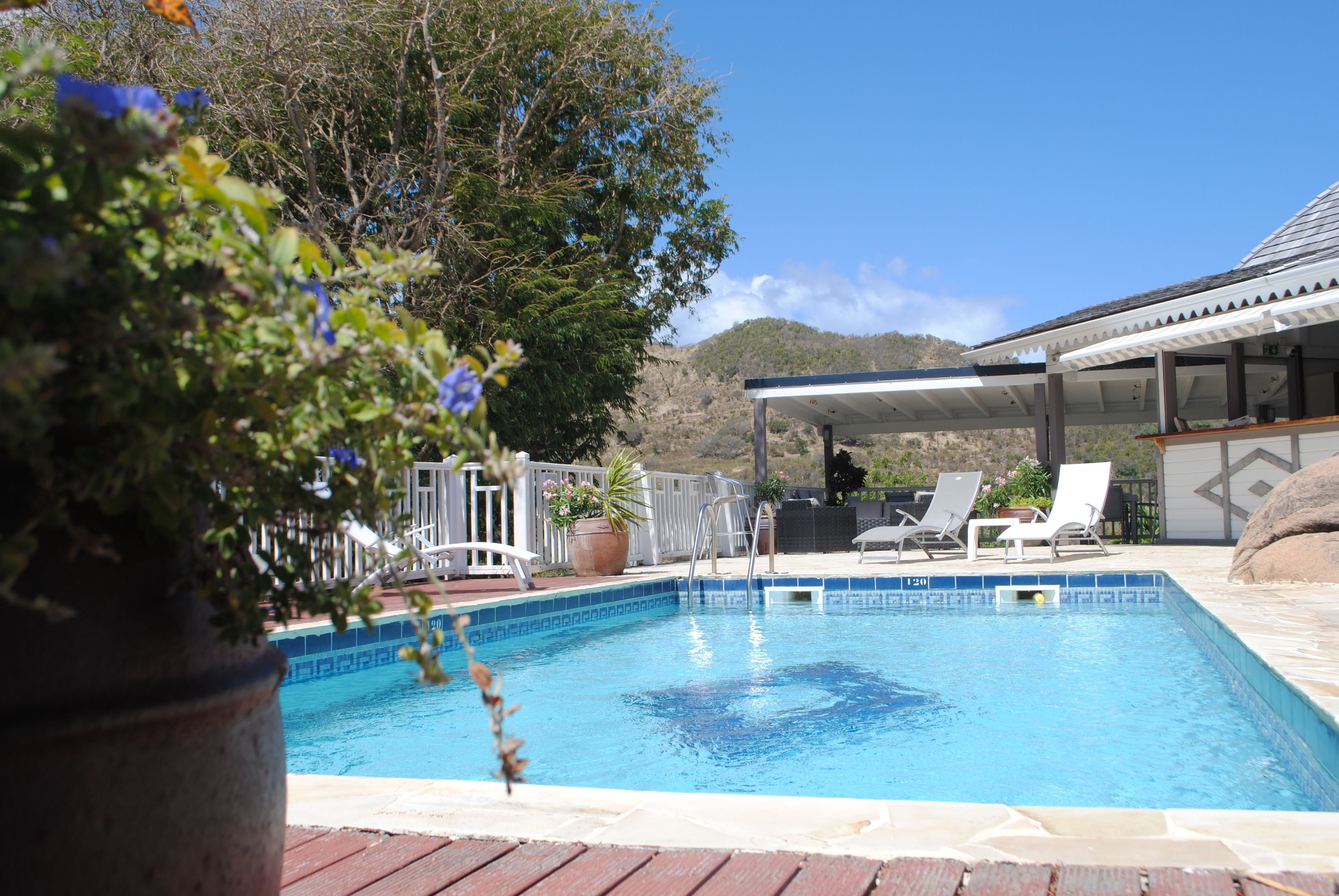 Utomhuspool, parasoller och solstolar