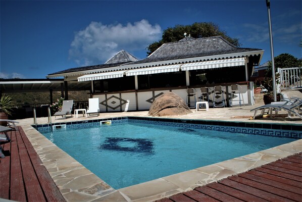 Outdoor pool, pool umbrellas, pool loungers