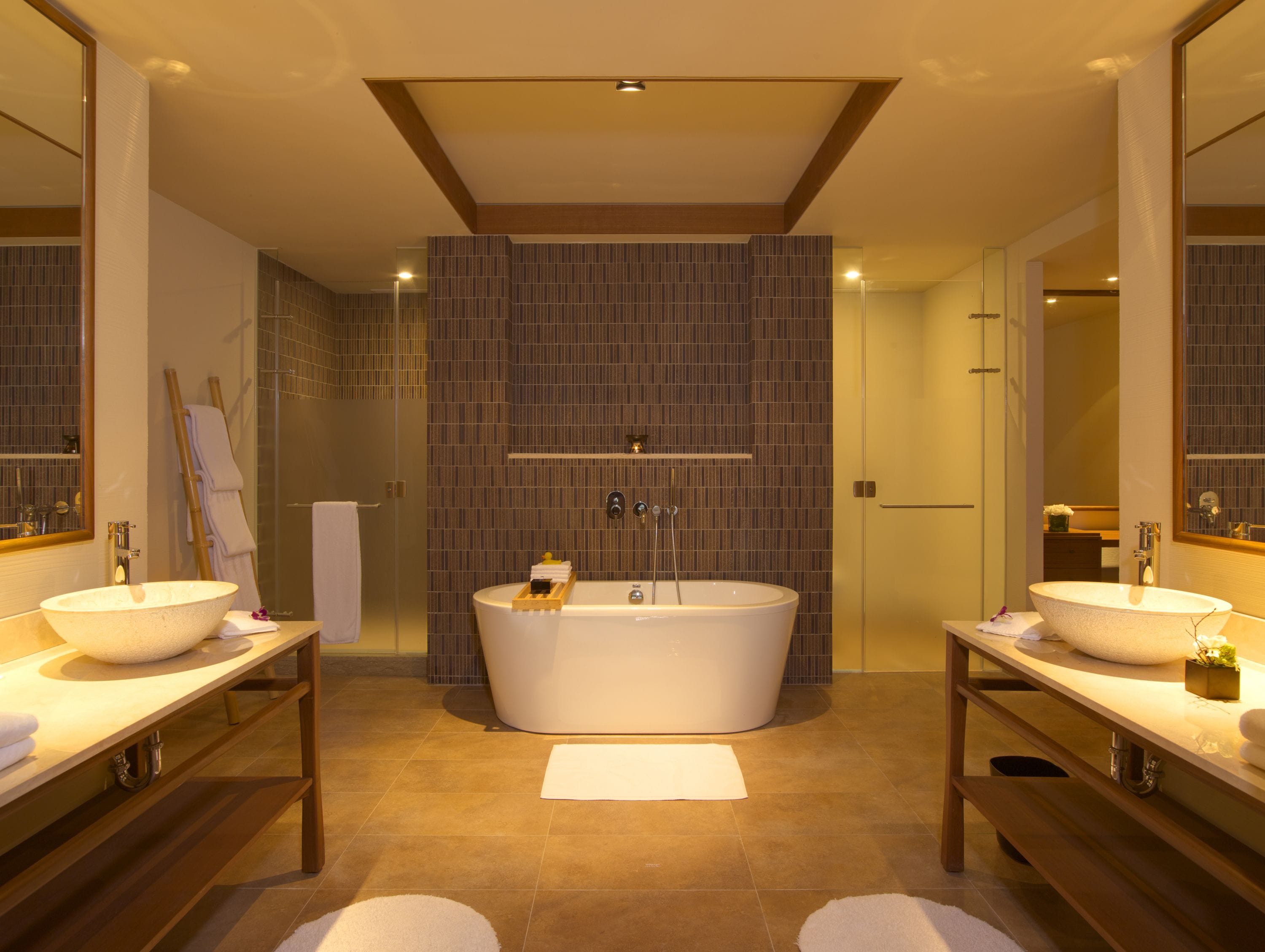 combined shower/bathtub, deep-soaking bathtub, rainfall showerhead