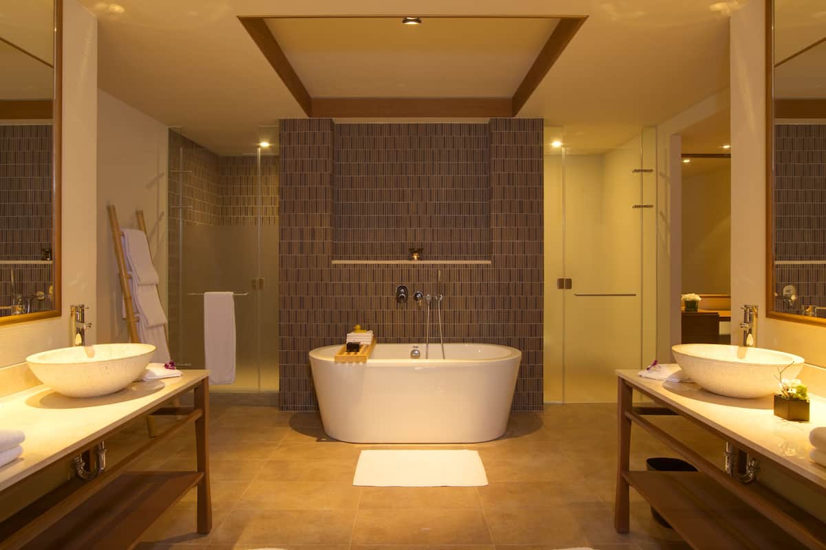 combined shower/bathtub, deep-soaking bathtub, rainfall showerhead