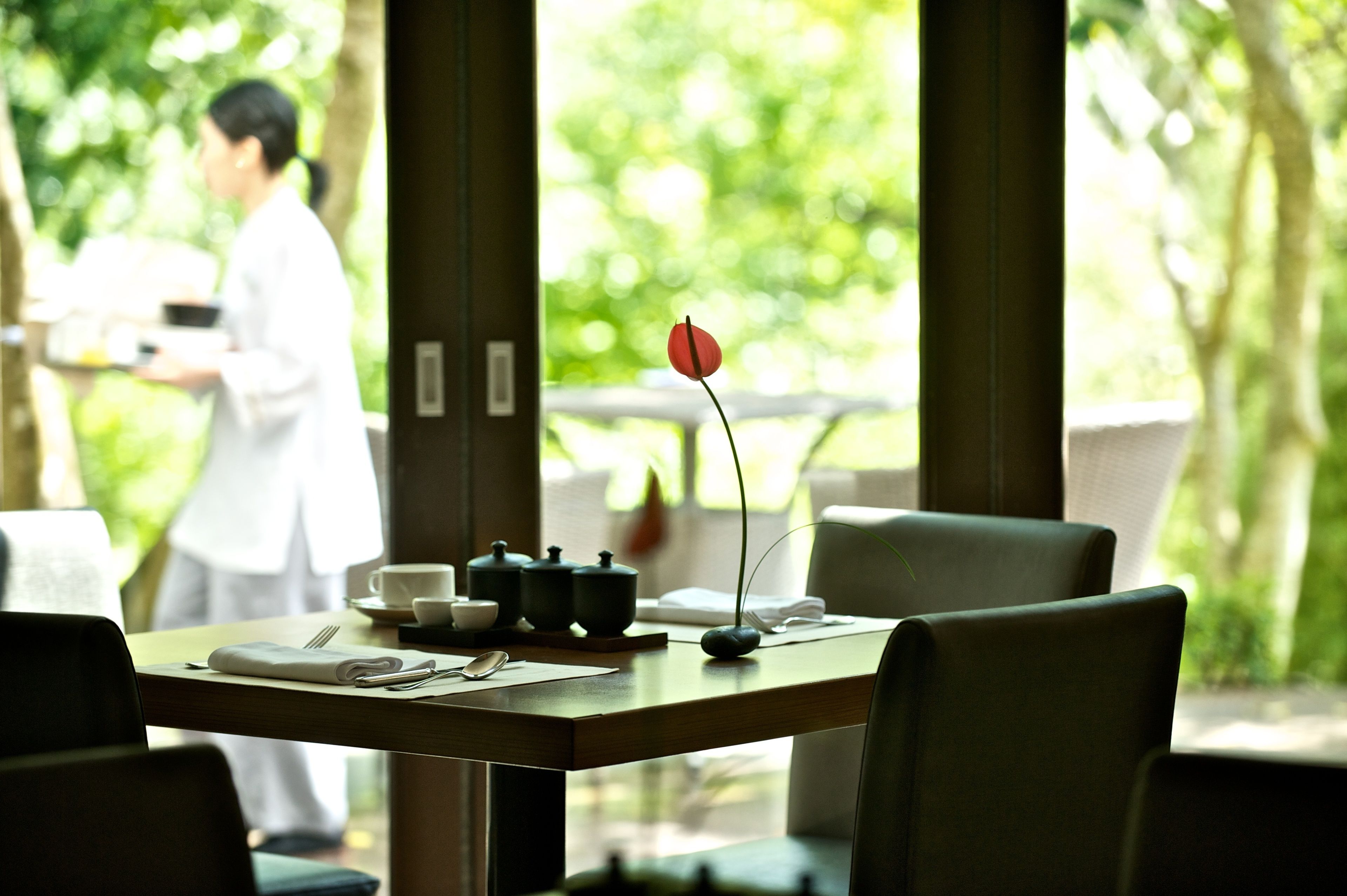 A dining table with a vase of red flowers, a teapot, and a cup.