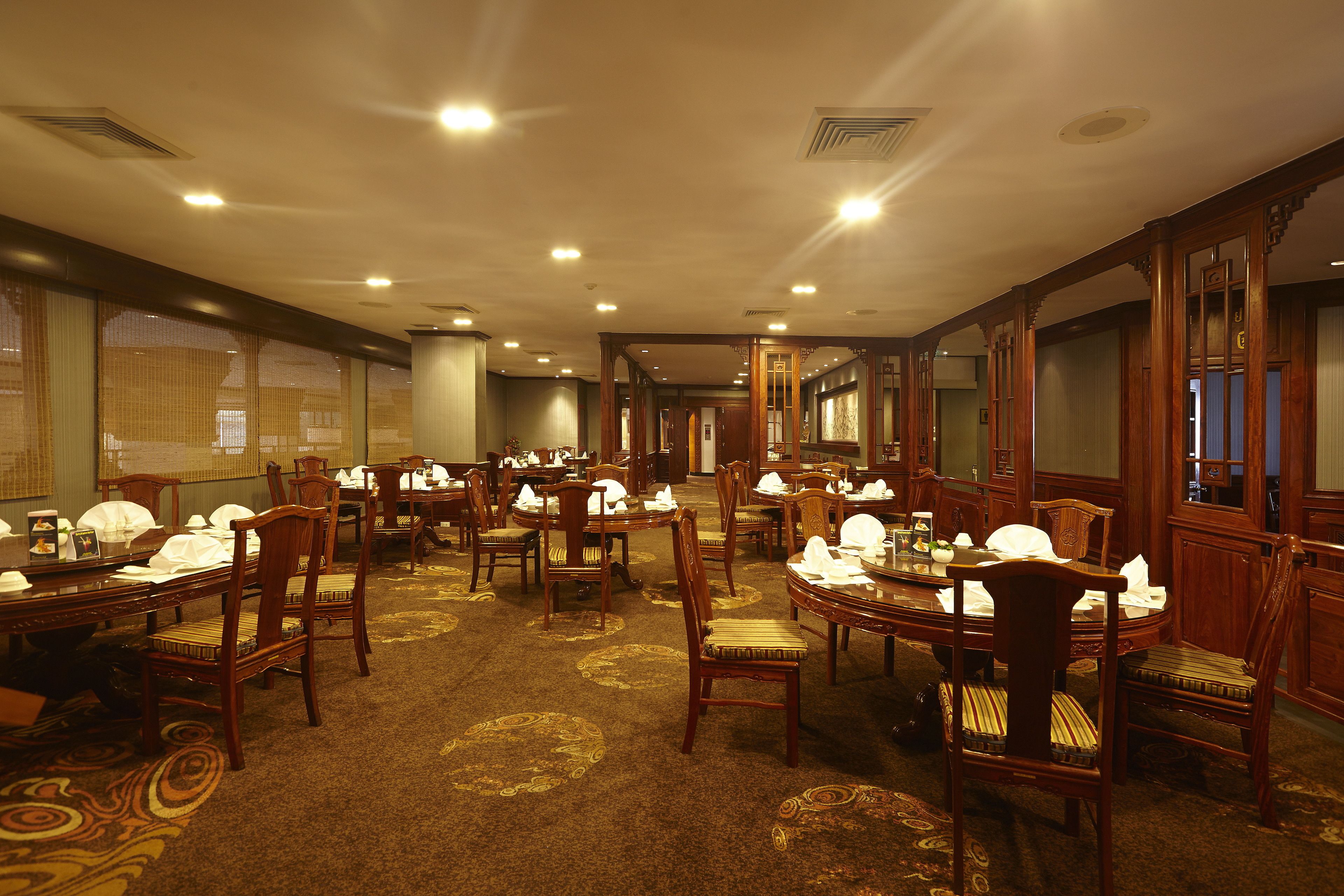 Une salle à manger d’hôtel avec plusieurs tables rondes et des chaises, un sol recouvert de moquette et de grandes fenêtres.