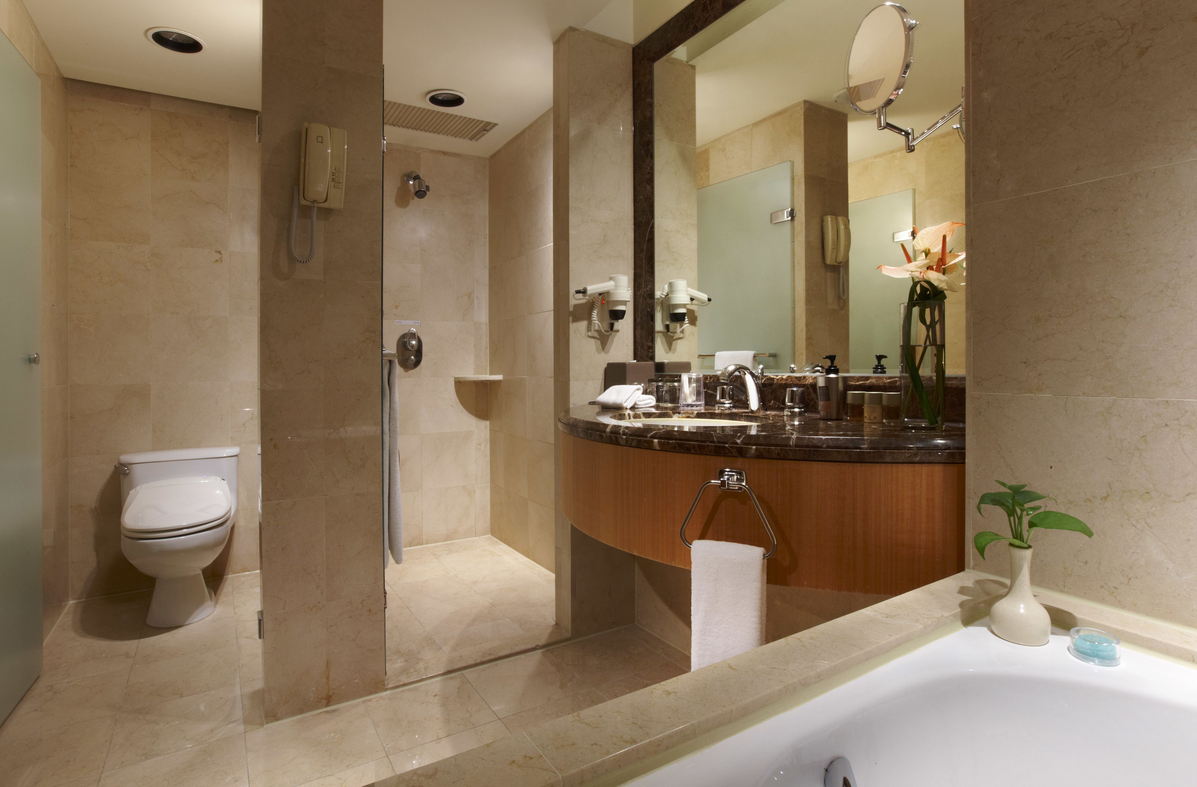 separate bathtub and shower, deep-soaking bathtub, free toiletries