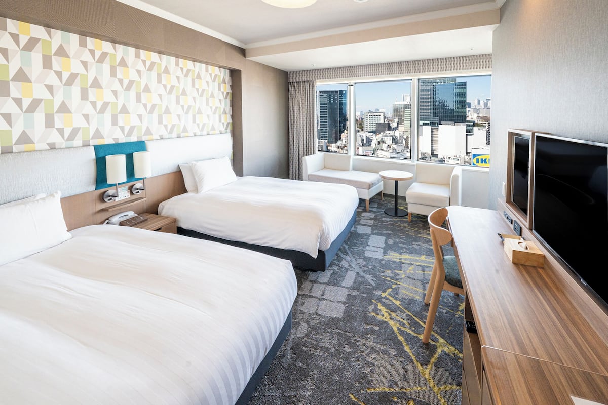 Corner Twin, Non-Smoking, 13 - 19F (Shibuya Crossing View) | Premium bedding, in-room safe, blackout drapes, iron/ironing board