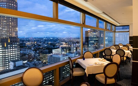 A high-rise hotel room with large windows offering a city view.