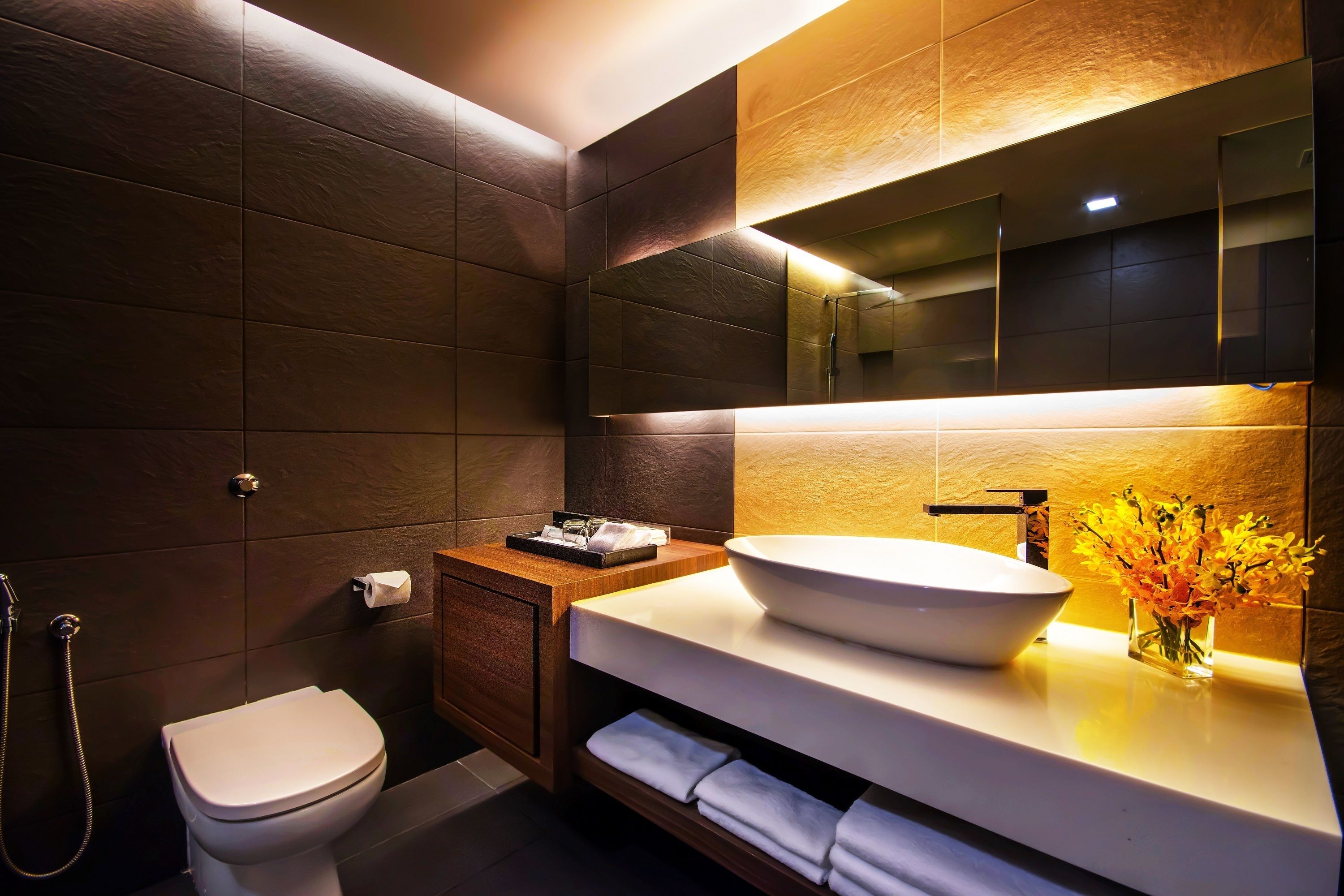 Une salle de bain moderne avec un grand miroir, un lavabo sur colonne et des toilettes.
