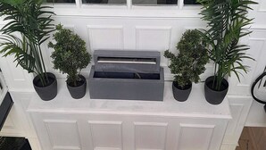 A window with a view of a building interior, flanked by two potted plants.