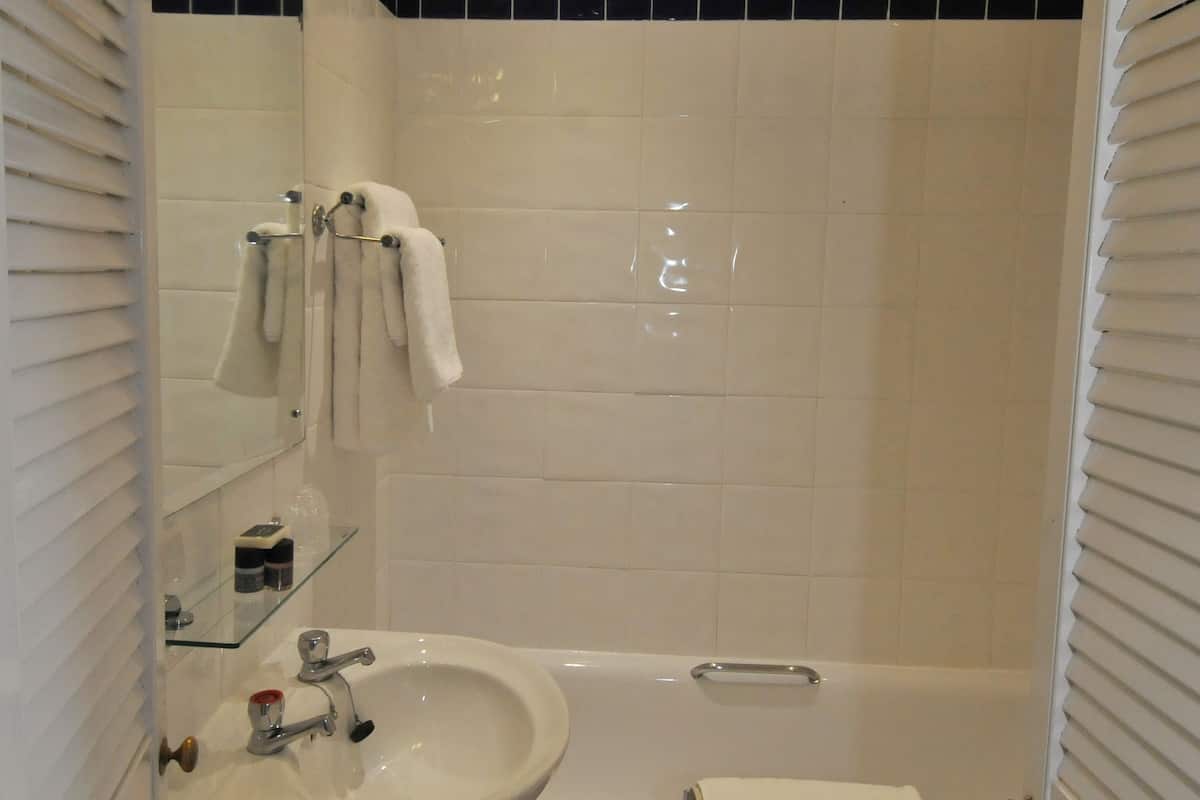 combined shower/bathtub, hair dryer, towels
