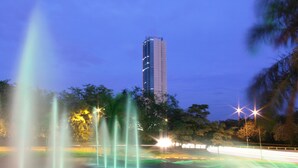 Escena nocturna con una fuente, árboles y un edificio alto al fondo.