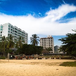 On the beach, sun-loungers, beach umbrellas, beach towels