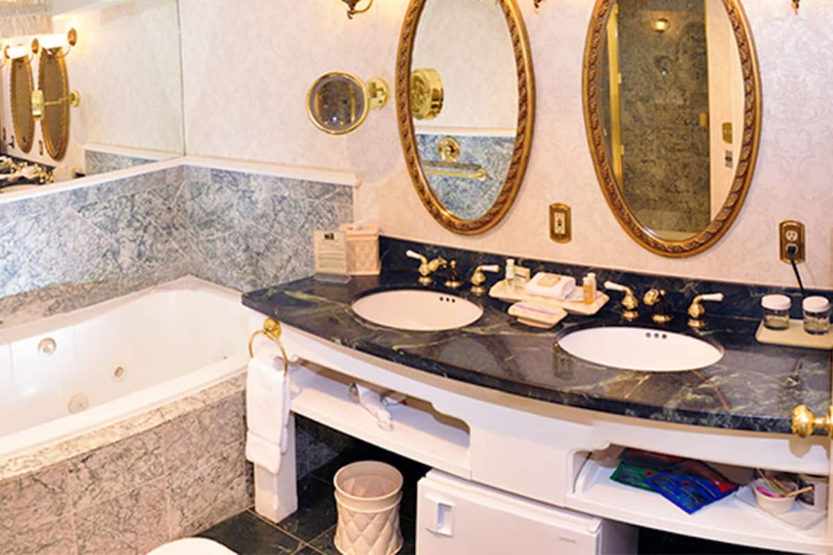 zalmon simmons suite | bathroom | designer toiletries, hair dryer, bathrobes, towels