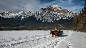 Un trineo tirado por caballos en un camino cubierto de nieve, con montañas al fondo.