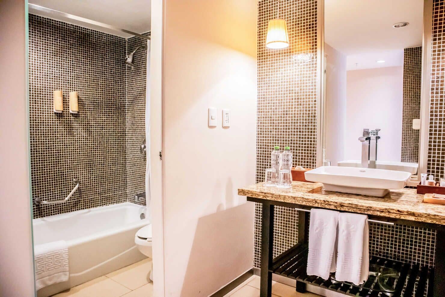 shower, hair dryer, bidet, towels