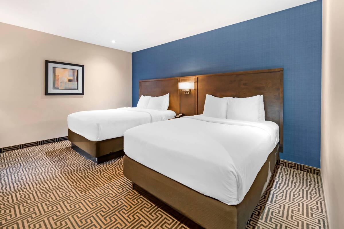 A hotel room with two beds, a framed picture on the wall, and patterned carpet.
