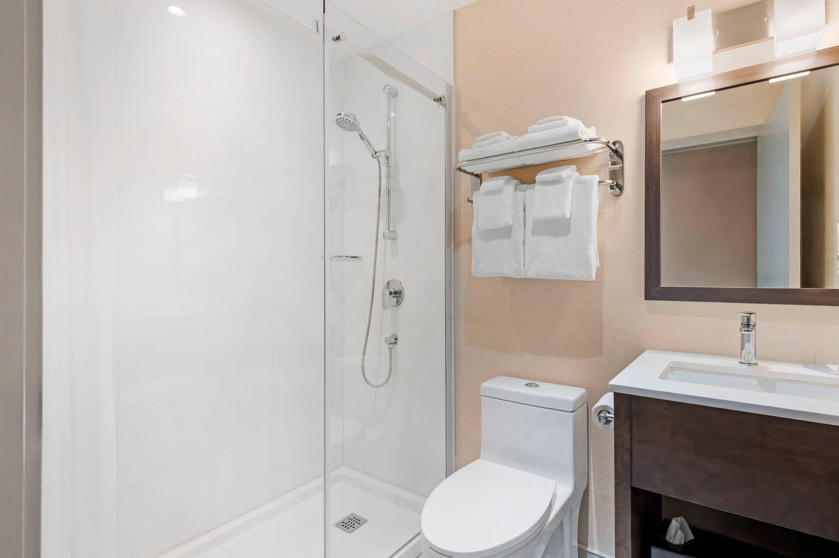 A modern bathroom with a glass-enclosed shower, a white toilet, and a vanity with a mirror.
