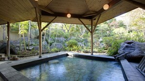 A hot spring area with a wooden deck, stone basin, and surrounding greenery. - Inn Seiryuso (Shimoda)