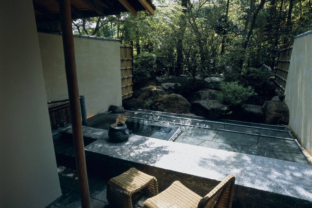 Un jardín japonés tradicional con un sendero de piedra, un pequeño estanque y un puente de madera.