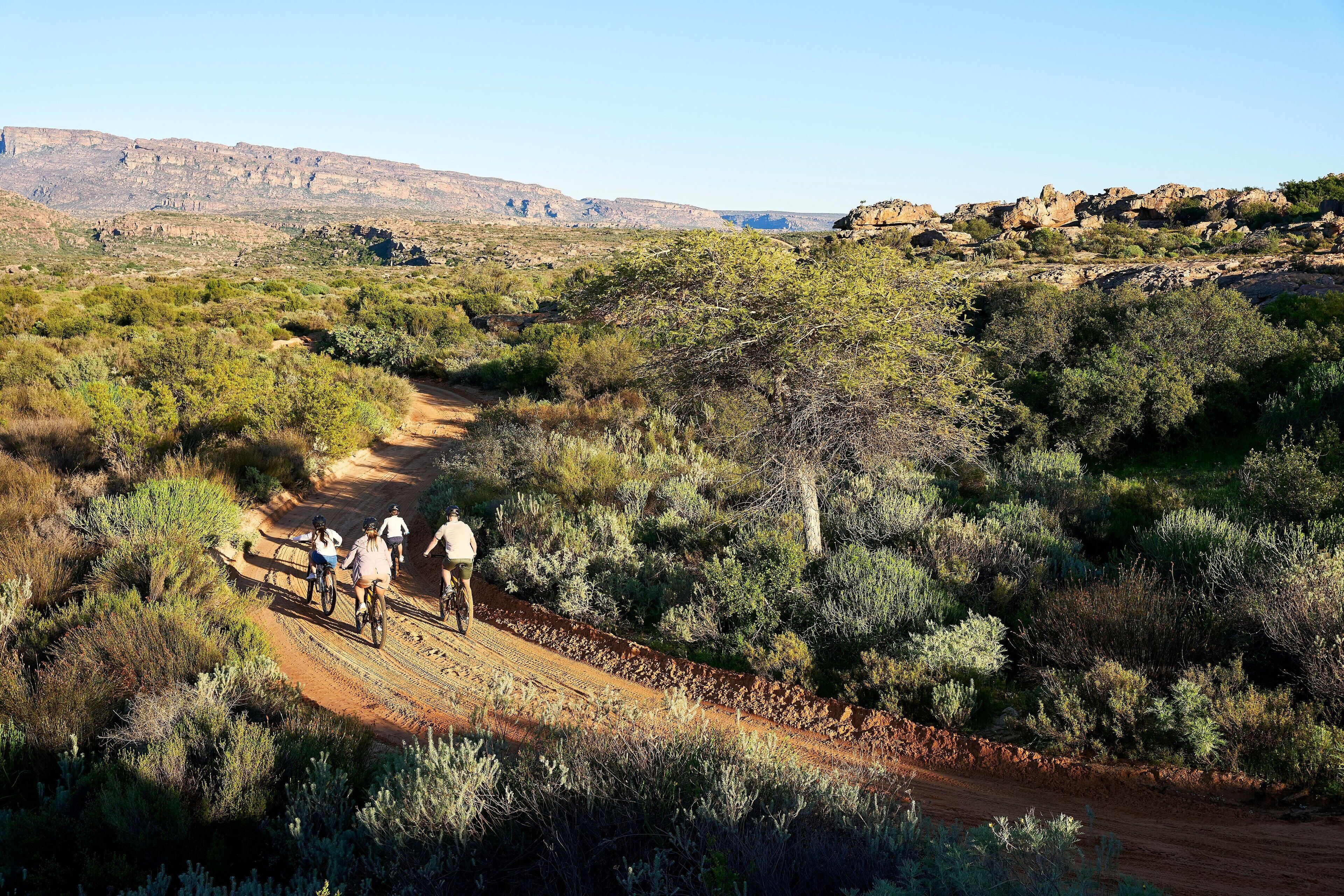 A dirt path winding through a dry, hilly landscape with sparse vegetation and rocky outcrops.