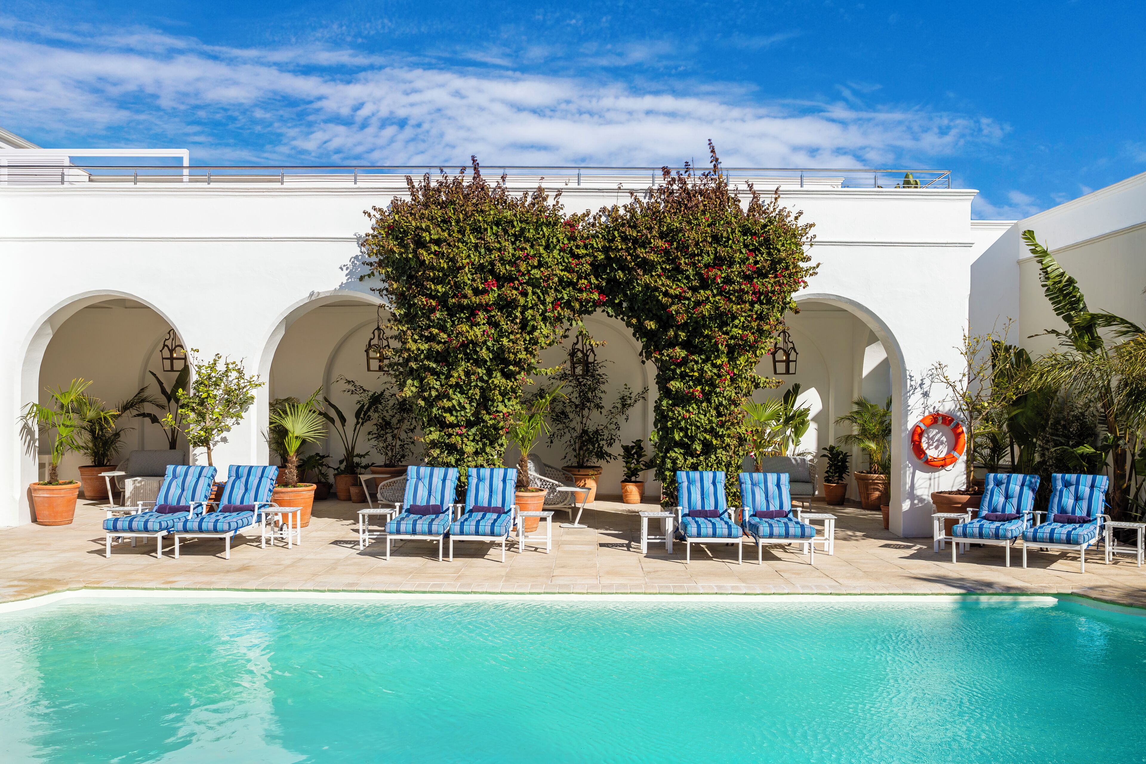 A poolside area with lounge chairs, potted plants, and a lifebuoy.