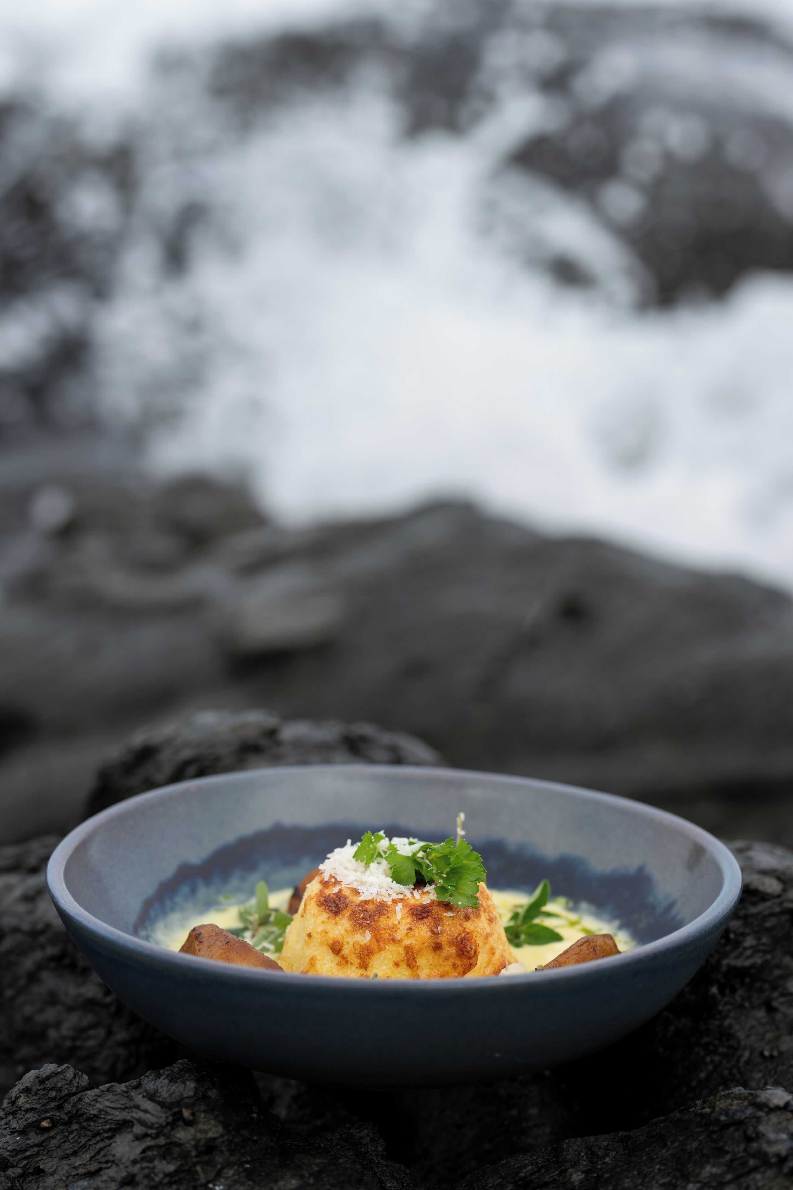 A bowl of food on a dark surface with a blurred background of rocks and water.