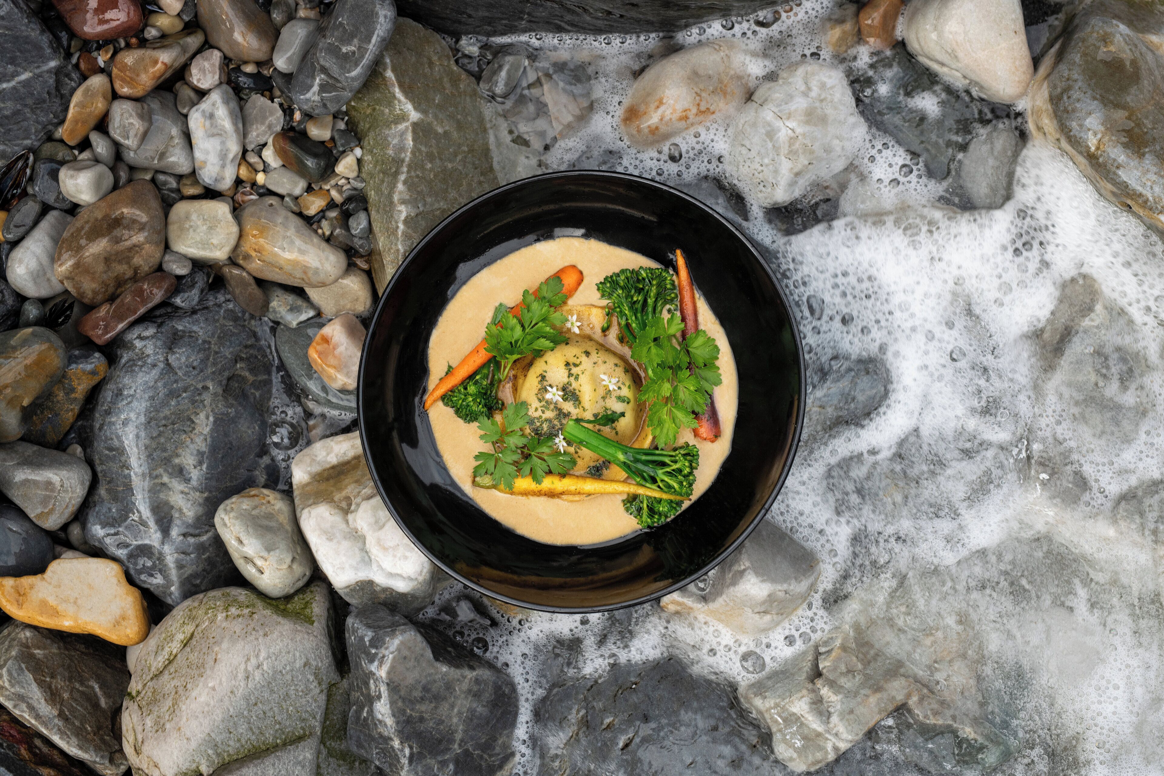 Un plato de comida sobre un lecho de rocas.