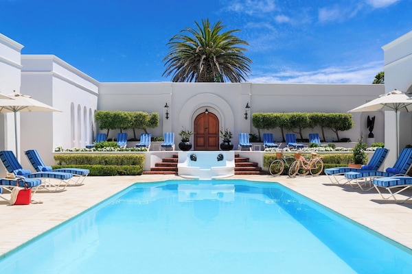 Outdoor pool, pool umbrellas, pool loungers