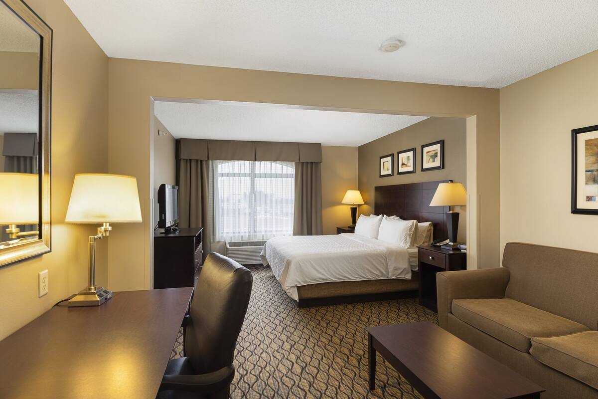 A hotel room with a bed, a desk, a chair, a sofa, and a TV.