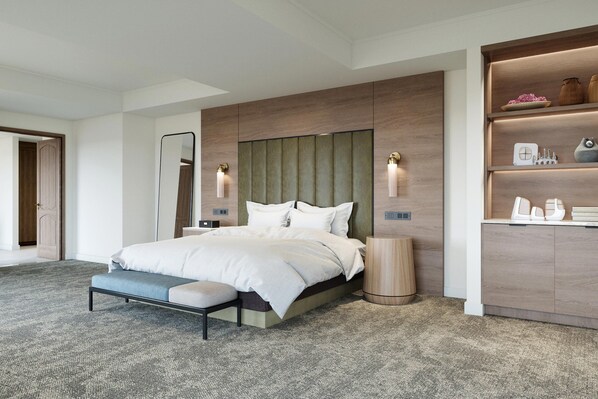 A modern bedroom with a large bed, a bench, a bedside table, a mirror, and a built-in shelf with decorative items.