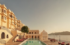 Outdoor pool, pool umbrellas, pool loungers